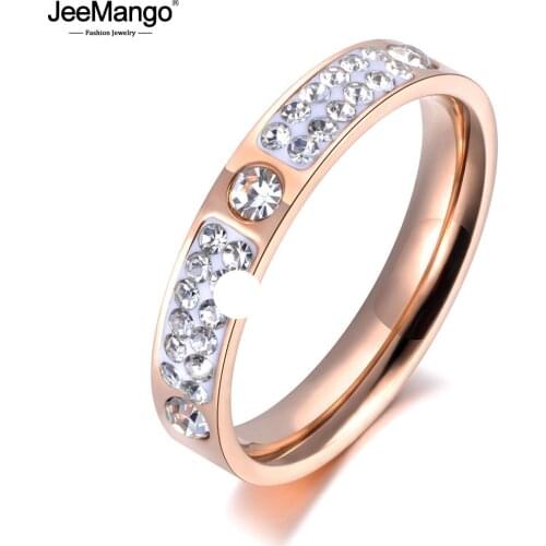 JeeMango Classic Rose Gold Color Titanium Steel Rings Micro Rhinestone Wedding Engagement Ring Jewelry For Women Anillo JR19010