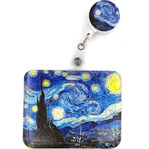 Van gogh Oil Painting Starry Sky Cute Card Cover Clip Lanyard Retractable Student Nurse Badge Reel Clip Cartoon ID Card Badge