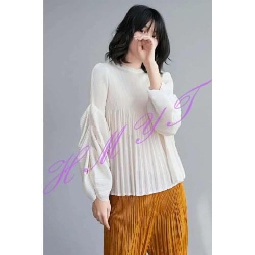 HOT SELLING Miyake Fashion style long sleeve T-shirts Miyake o-neck loose fold Lantern sleeves T-shirts IN STOCK