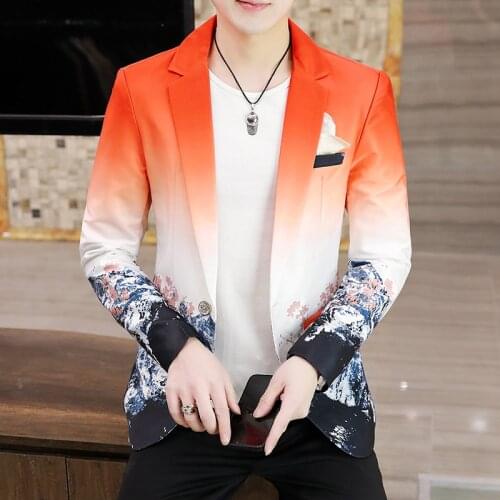 Mens Summer Blazer Fashion Korean Clothing Gradient Inspired Prints Fancy Floral Suit Jacket Casual Slim Fit Blazzer Coat