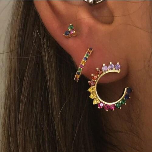 2019 new arrived double sided colorful rainbow cz stud earring for women Gold filled luxury round circle Gorgeous stack jewelry