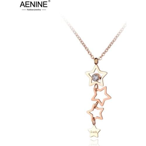 AENINE Titanium Stainless Steel CZ Crystal Star Choker Necklaces Jewelry Trendy Luck Pendant Chain Necklace For Women AN19056