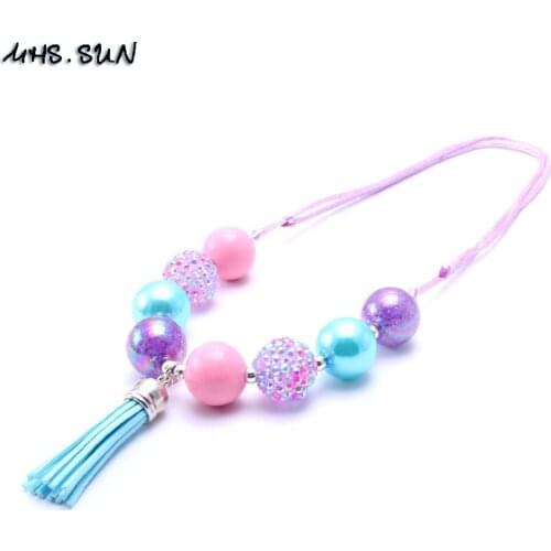 MHS.SUN fashion baby girls chunky bubblegum beads necklace lovely princess blue tassel pendant necklace for kids gift BN062