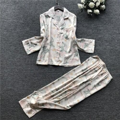 Pajama Woman Autumn Winter New Styles Imitation Silk Printed Home Wear Suit Long-Sleeved Satin Pajama Women Casual Simple