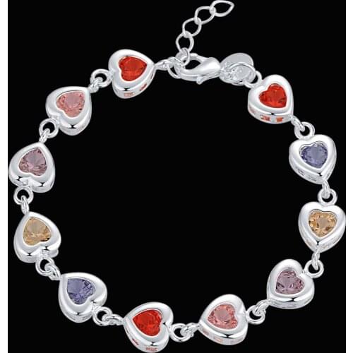 Valentines Gift Shiny Multicolored CZ Zircon Crystal Heart Shaped 925 Sterling Silver Woman Girl Bracelet Jewelry