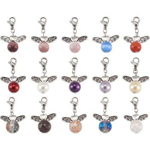 1 Box Angel Wings with Round Beads Charms Glass Pearl Cat Eye Pendants with Lobster Clasps for Earrings Necklace Jewelry Making