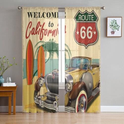 Retro Car Seaside Beach Poster California Sheer Curtains for Living Room Tulle Curtain for Bedroom Kitchen Window Voile Curtains