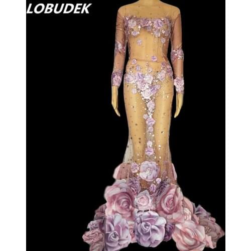 Sexy See-through Mesh Pink-Purple Flowers Crystals Long Dress Evening Party Women Singer Host Costume Models Stage Catwalk Dress
