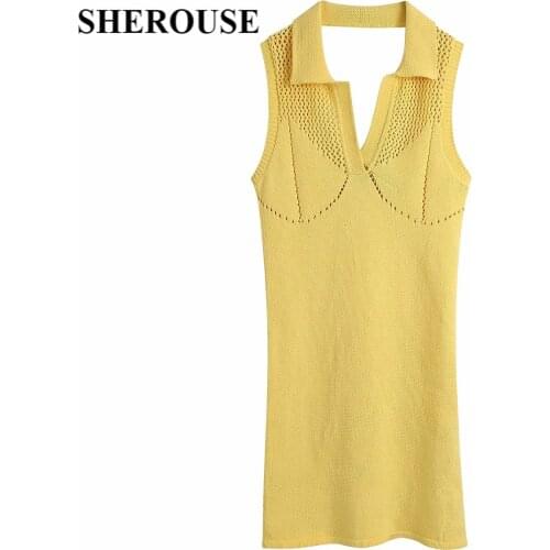 SHEROUSE 2021 Women Fashion Hollow Out Solid Mini Dress Sleeveless Lapel Collar Vintage Female Dresses Femme Robe