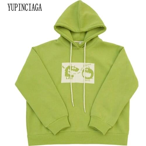 YUPINCIAGA Womens Green Hooded Sweatshirts Cartoon Print Funny Hoodies Winter Plus Velvet Loose Tracksuit Drawstring Pullovers