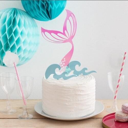 3pcs New Acrylic Fishtail Cake Topper Blue Spray Baking Cake Topper for Childrens Birthday Party Cupcake Decoration Baby Shower