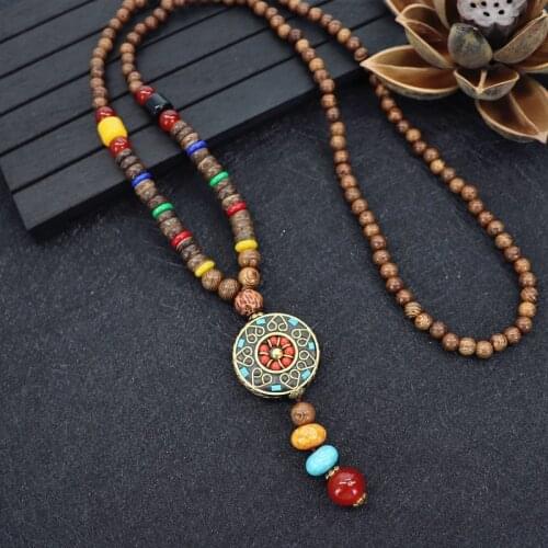 Vintage Nepal Long Buddhist Mala Wood Beaded Pendant & Necklace Ethnic Bohemian Boho Elephant Buddha Lucky Jewelry for Women Men