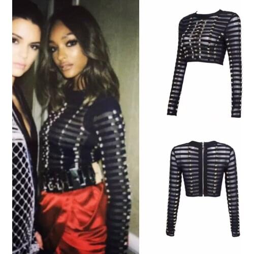 Women fashion o neck mesh patchwork studded bodycon party bandage tops black