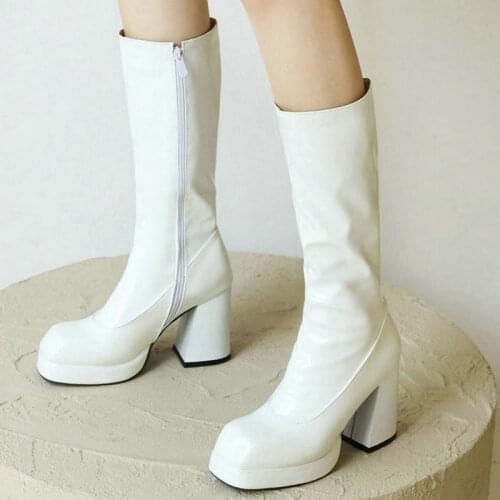 Patent PU Leather Women Knee High Boots Platform Thick High Heel Ladies Women Calf Boots Side Zipper Square Toe Womens Boots