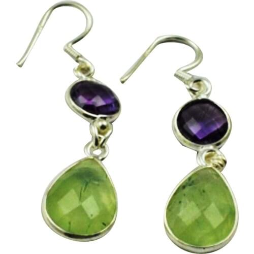 LoveGem Genuine Prehnite & Amethyst EARRINGS 925 Sterling Silver, 46.5mm, AE2371