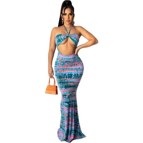 2021 New Famous Internet Celebrity Dress Print Hollow Out Halter Strapless Summer Sexy Maxi Dress Vestidos