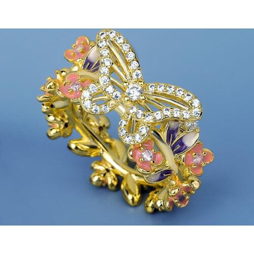 2021 New Exquisite 18k Gold Womens Flower Ring Butterfly Shape Jewelry Ring Fashion Handmade Enamel Womens Jewelry