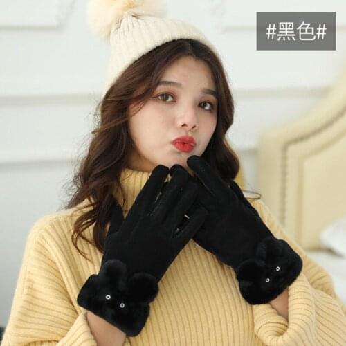 Winter Female Warm Suede Leather Cyte Bear Sport Cycling Mitten Women Double Thick Plush Cashmere Touch Screen Driving Glove I6