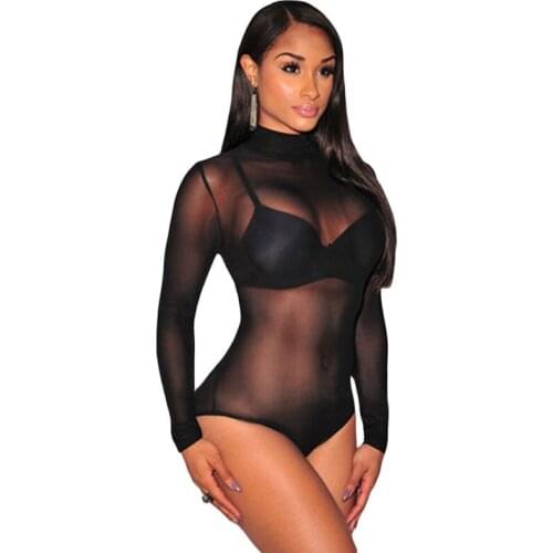 2022 Hot !!! Sexy Exotic Apparel Black Mesh Unlined Mock Neck Bodysuit Women Newly Turtleneck Hollow Out Cheap Adult Teddies