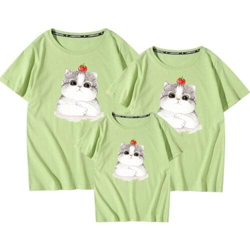 27kids Summer Matching Family Cotton Short Sleeve T-shirt Tops Parent-child Outfits Cute Cat Pattern Variety of Styles