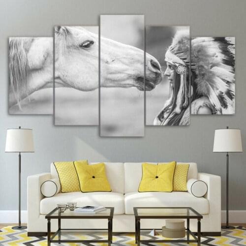 No Framed Indian Woman And White Horse 5 Pcs Canvas Picture Print Wall Art Canvas Painting Wall Decor for Living Room