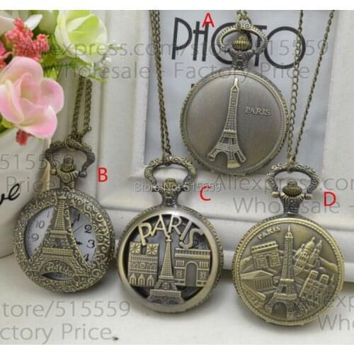 50pcs/lot Hot Sell Eiffel Tower Pocket Watch Top Quality Men Women Quartz Fob Watch Necklace Gift Watch DHL Free Shipping