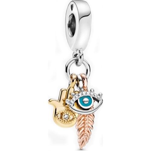 Free Shipping 925 Sterling Silver All-seeing Eye & Feather Spirituality Dangle Charm Fit Original Bracelet For Women DIY Jewelry