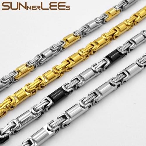 SUNNERLEES Jewelry Stainless Steel Necklace 6mm Geometric Byzantine Link Chain Silver Color Gold Plated Men Women Gift SC136 N