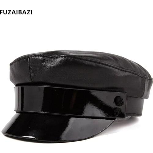 FUZAIBAZI Trend Autumn Womens Elegant Military Hats Leisure Snapback Genuine Leather Student Hat Sheepskin Brands Flat Cap New