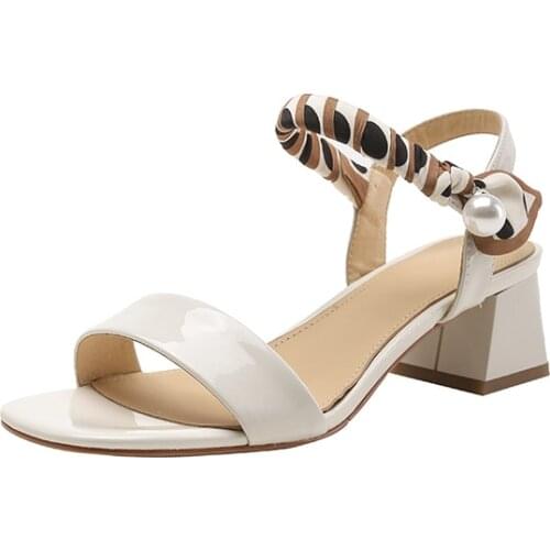 EGTPINAOP Summer Sandals With Ties 2021 Cow Patent Leather Medium Heel Classic Solid Color Outdoor Casual Luxury Shoes