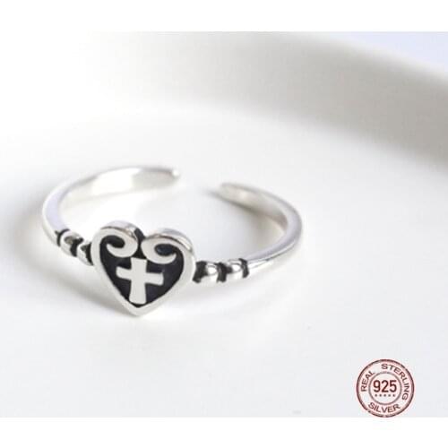 LKO 925 Sterling Silver Ring Vintage Love Heart Cross Opening Ring for Lovers Valentines Day Chic Jewellery Gift Accessories