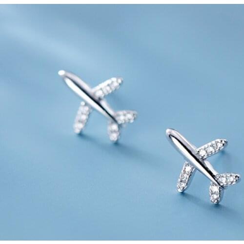 925 Sterling Silver Zircon Airplane Charm Simple Stud Earrings For Women Girls Minimalist Jewelry eh813