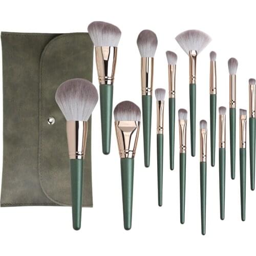 14pcs Makeup Brushes Set Green Large Loose Powder High Gloss Eyeshadow Foundation Contour Synthetic Hair Cosmetic Tools