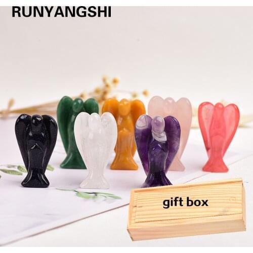 Natural quartz seven colors 2 inches Crystal Angel Hand Carved Crystal Crafts Home decoration Collection wood box Gift