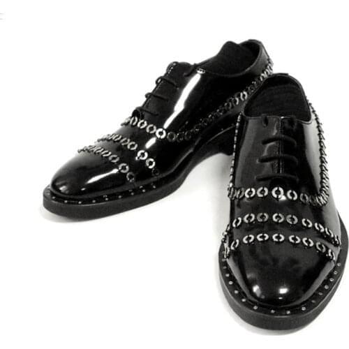 New Gothic Copper Rings Handmade Italian Runway Patent Genuine Leather Shoes Men Wedding Party Male Formal Dress Shoes Plus Size