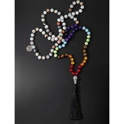 OAIITE 8mm Frosted Amazonite 7 Chakra 108 Beads Mala Necklace with Black Tassel Handmade Knot Meditation Yoga Necklace