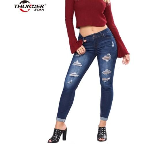 Skinny Jeans Women Denim Pants Holes Pencil Pants 2018 New Casual Trousers Blue Stretch Slim Ripped Jeans Rise Curvy