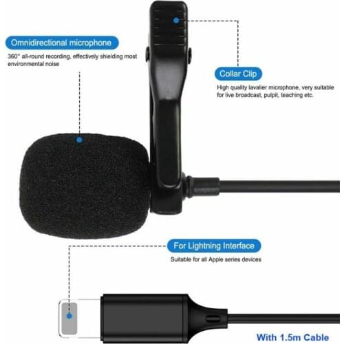 Lapel Lavalier Microphone For iPhone 12 11 XS Pro Max Zoom Live Video Recording type-c 3.5 AUX
