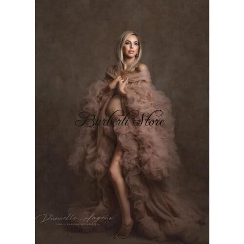 Pretty Lush Ruffles Tulle Maternity Dress For Photoshoot Full Sleeves Pregnant Women Dresses Tulle Robe Bathrobe Nightwear