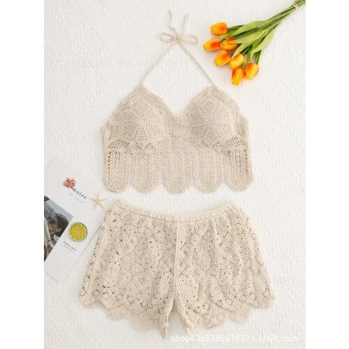 Beach Seaside Swimming Sets Women Sexy Padded Camis Hook Hollow Out Shorts Sets Women Halter Crop Tops Sets