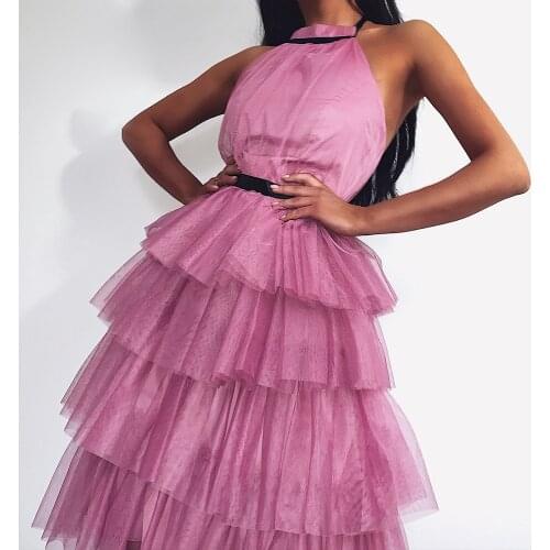 Sexy Fashion Halter Layered mesh Dress Women Backless Sleeveless Cake Dresses 2021 New summer knee night club wear Party Dress