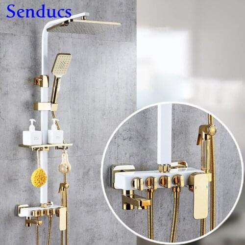 Senducs Bathroom Shower Set White Gold Bath Shower System Inwall Mounted Bathtub Faucet Luxury Thermostatic Bath Shower Sets