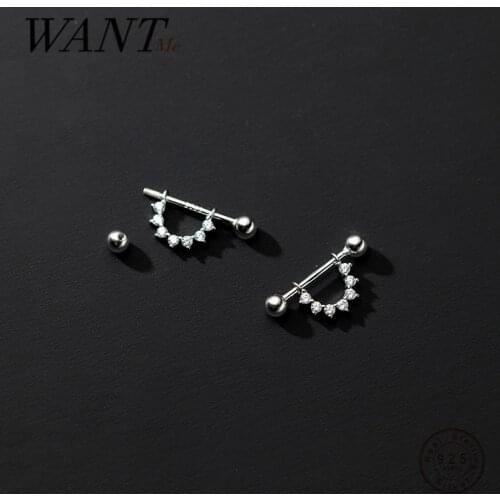 WANTME 925 Sterling Silver Punk Inlaid Zircon Body Piercing Rotating Beads Stud Earrings for Men Women Rock Jewelry Accessories
