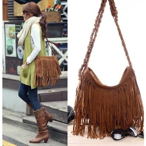 Women Retro Trending Cross Body Bag Tassel Scrub Faux Suede Fringe Messenger Shoulder Handbag