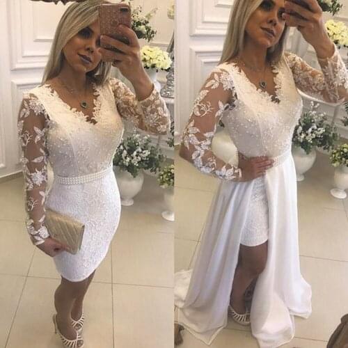 SuperKimJo White Lace Applique Prom Dresses 2020 Detachable Skirt Beaded V Neck Cheap Elegant Prom Gown Vestido De Gala