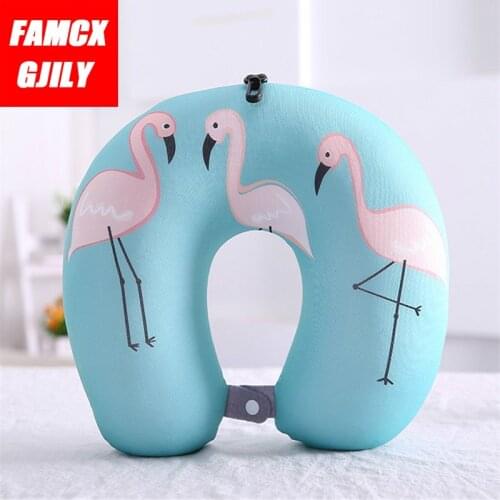 U-shaped Blue Flamingo Travel Neck Pillow Airplane Car Office Nap Headrest Women Memory Pillow for Airplane Flight Foam Pillows