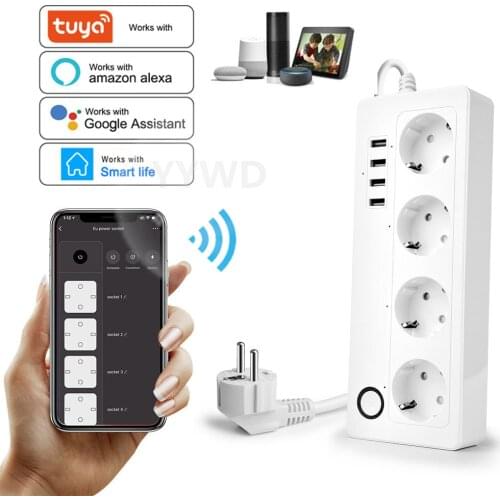 Tuya WiFi Smart Power Strip Works with Alexa GoogleHome, with 4 Smart EU Outlets Plugs 4 USB Charging Ports App Voice Control