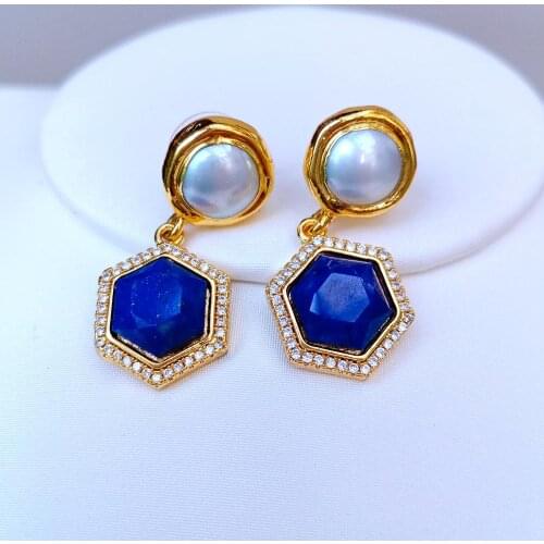 YYGEM Natural Hexagon lapis Cultured White Freshwater Pearl cz pave Stud Earrings luxury geometric anniversary gift for women