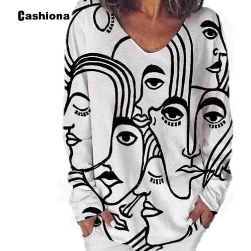 Cashiona Plus size Women Elegant Leisure Casual T-shirt Portrait Print Loose Womens Top 2021 Spring Autumn Tees shirt Femme