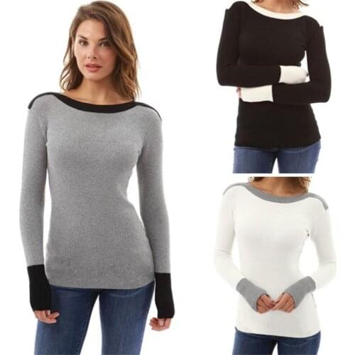 Women Knitting Sweater Calsual Long Sleeve Color Collision Blouse Winter Ladies O-Neck Sweater Casual Slim Sweaters